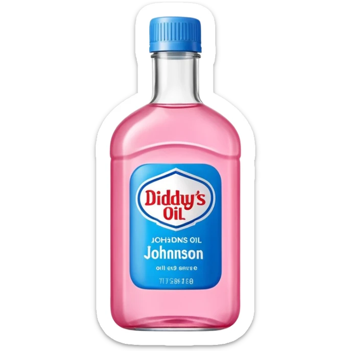bottle of oil blue top pink outside with logo that says Diddys Oil Johnson and Johnson bottle  sticker