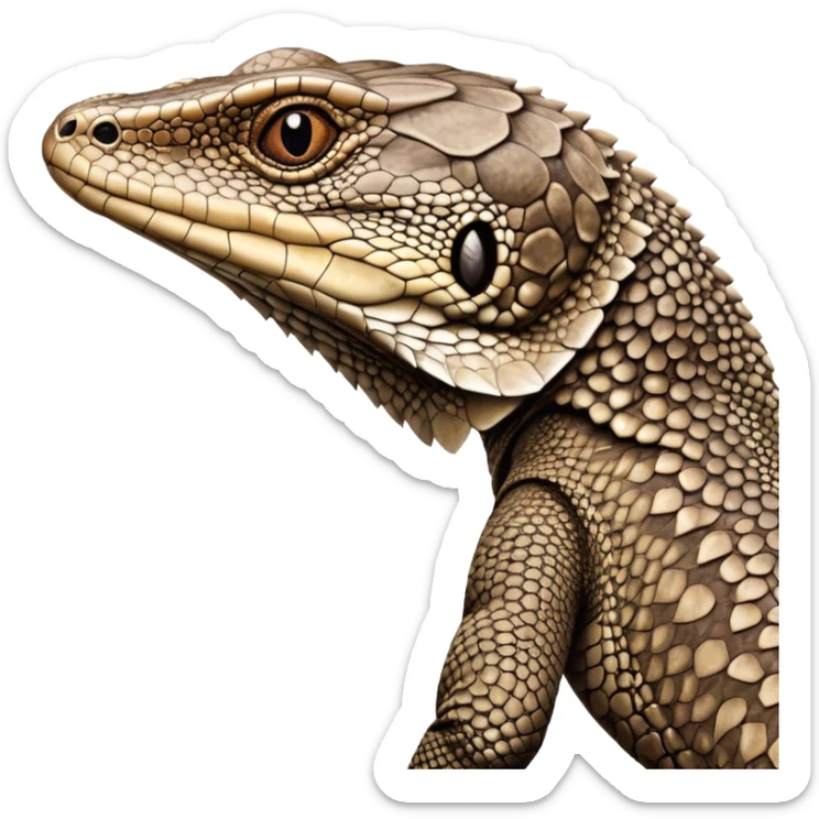 Cinematic Noble brown camo spotted monitor Lizard Portrait Emoji, Poised and regal, with a robust, scaled body exhibiting striking, mottled patterns and piercing, alert eyes, Simplified yet sharp and sophisticated features, highly detailed, glowing with a soft, earthy glow, high shine, intelligent and formidable, stylized with an air of ancient wilderness, focused and commanding, soft glowing outline, capturing the essence of a watchful and confident reptilian guardian that appears ready to stride out of the screen with effortless authority! sticker