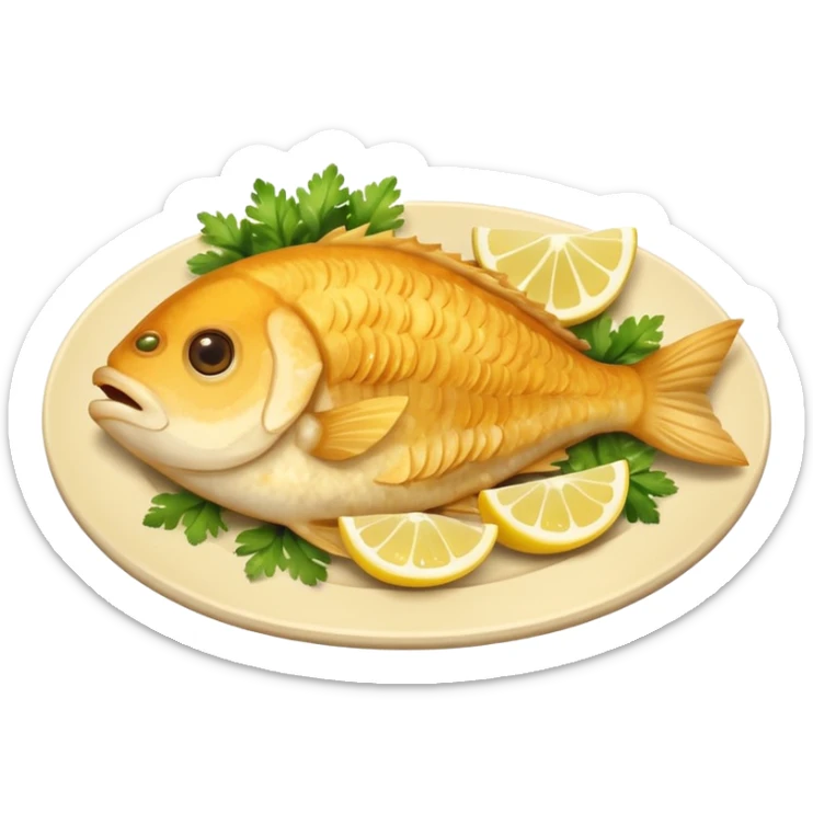 apple style ios emoji cute minimal plate of golden fried fish pescaito frito with lemon wedges and parsley warm tones soft shading sticker