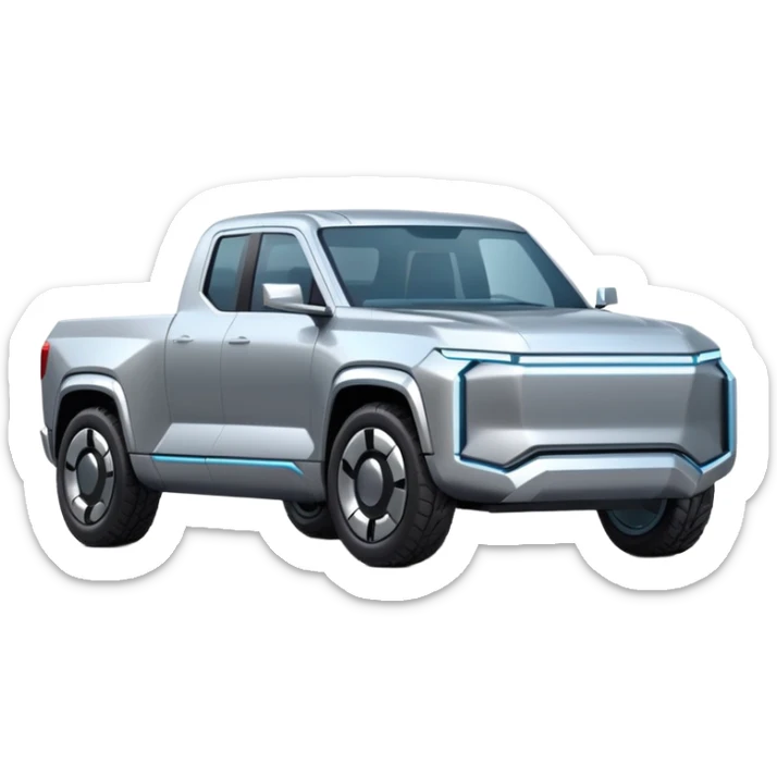 A futuristic electric pickup truck emoji, silver chrome body, angular cyber design, smooth metallic panels, subtle reflections, minimalistic proportions, iOS emoji style, centered composition, clean white background, soft lighting sticker