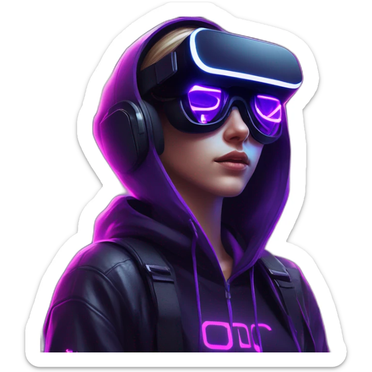 Russian girl wearing a black hoodie with "OMG" letters on it and VR headset in a cyberpunk VR environment with violet neon lighting. sticker