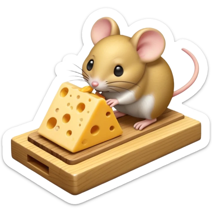 A 3D emoji in iOS emoji aesthetic style of a small mousetrap on a wooden base with a tiny gray mouse approaching a small piece of yellow cheese on it, minimal white background, bright lighting, clean and glossy Apple-style design sticker