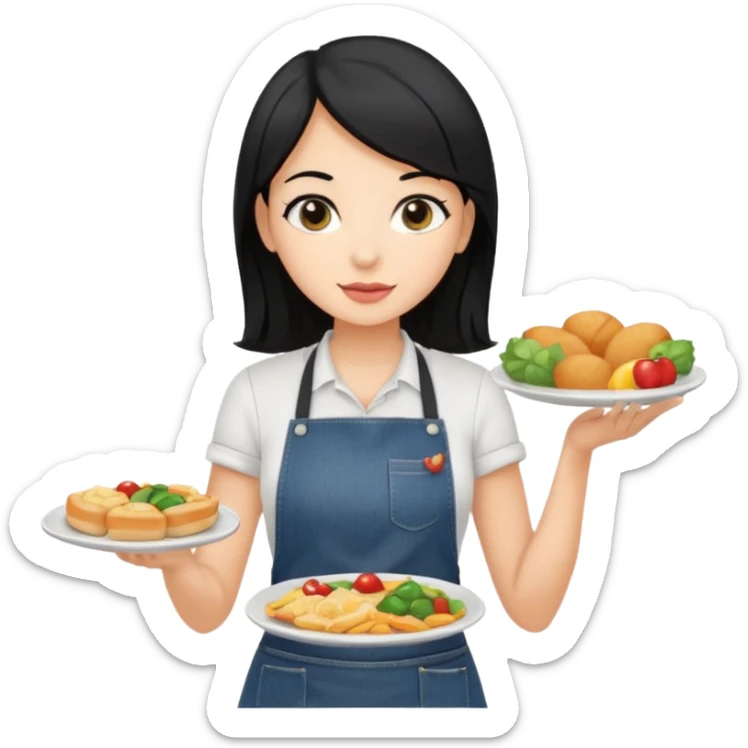 waitress with black hair and a food plate with a black tshirt and ª jeans apron sticker