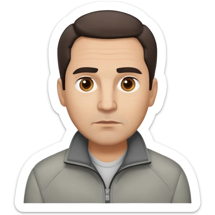 Hispanic actor in his 50s with light skin, round face, wide jaw. Lively brown eyes, thick eyebrows. Short brown hair with receding hairline. Neutral-serious expression. Wearing a casual gray jacket. sticker