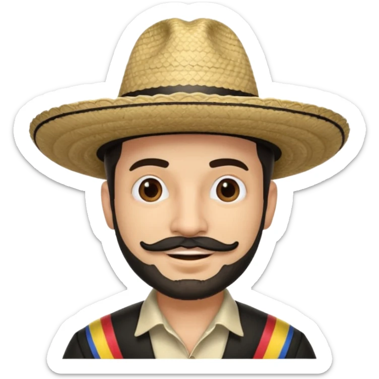 A happy fair skinned Colombian man with some facial hair wearing a black and beige stripped Colombian sombrero sticker
