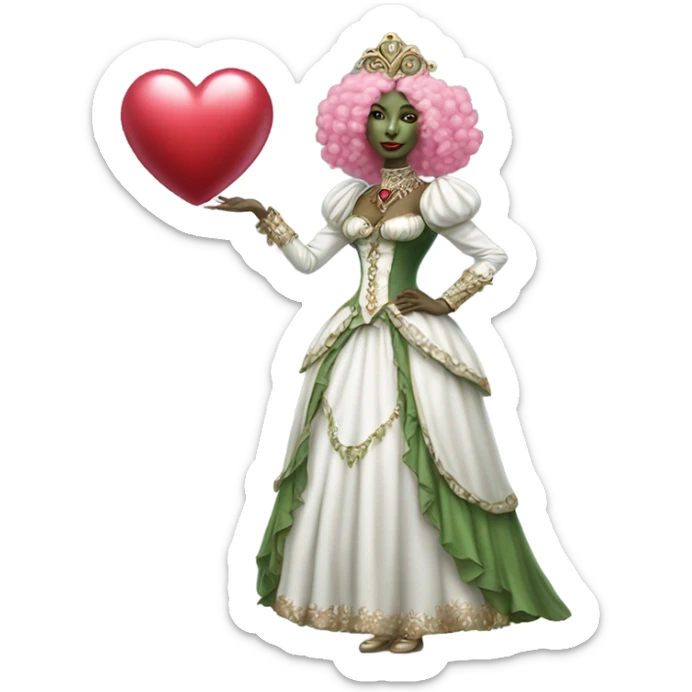 a green amazon alien woman in Victorian white gold, pink hair,holdig, red big hearth, full body sticker