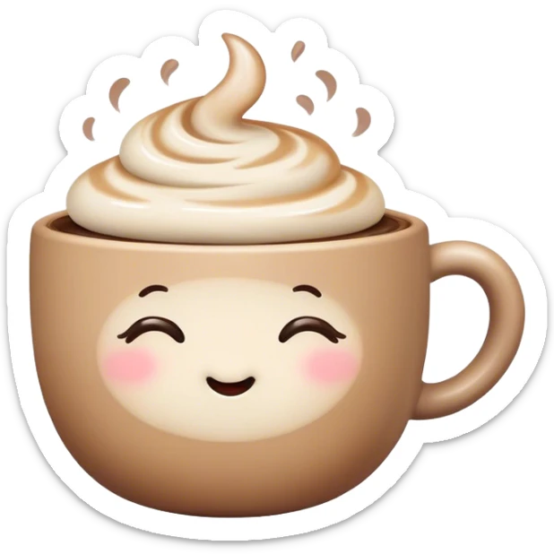 Cute Kawaii Coffee Cup, cozy and warm, a tiny swirl of steam shaped like a heart, round chubby face with a sleepy but content expression, soft pastel brown and cream colors, perfect morning vibes! sticker