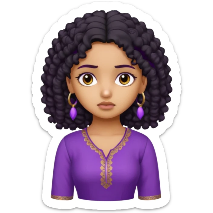 a tan pretty bratz indian girl with curly black hair, looking sad. purple kurti sticker