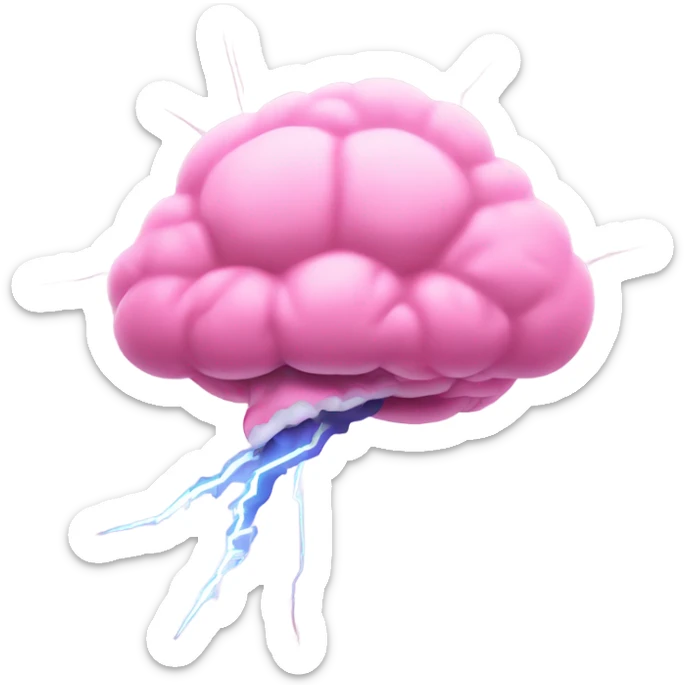 a pink brain resembling a cloud with a bolt of lightning coming out of it (brainstorm) sticker