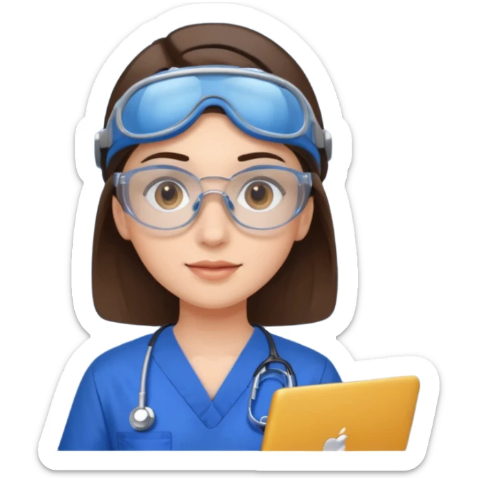 i need a brunette young woman in blue scrubs with brown eyes fair skin with safety goggles on and a laptop for research sticker
