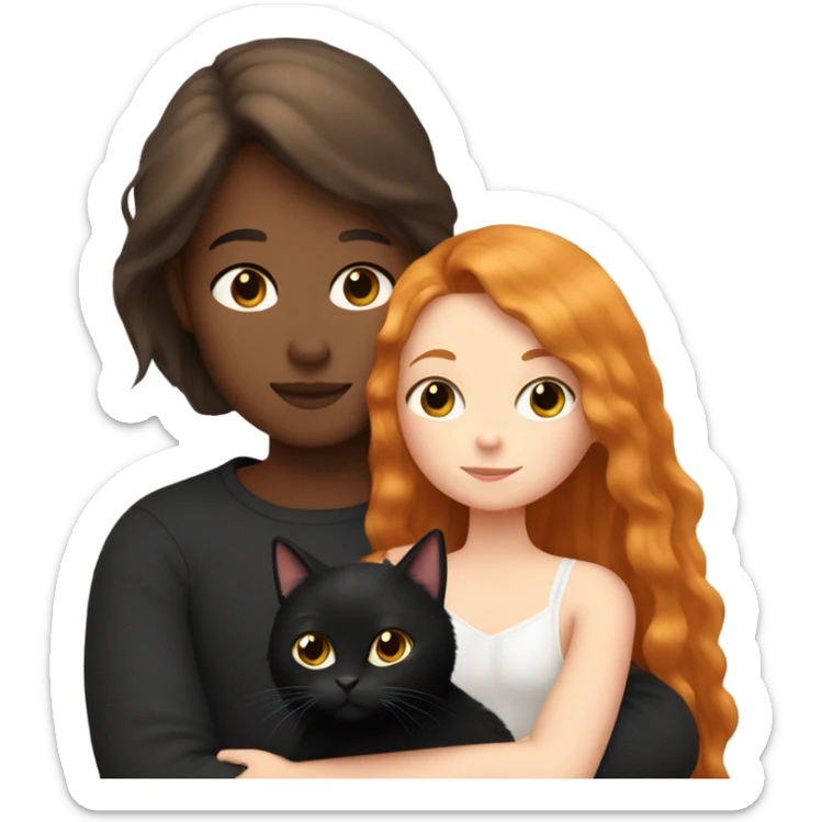 Girl with long straight ginger hair cuddling with a very fluffy black cat sticker