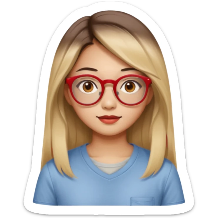 20 yr old asian woman, straight thick long brown hair, blond at ends of hair, center part to hair, big red glasses, brown eyes, casual shirt sticker