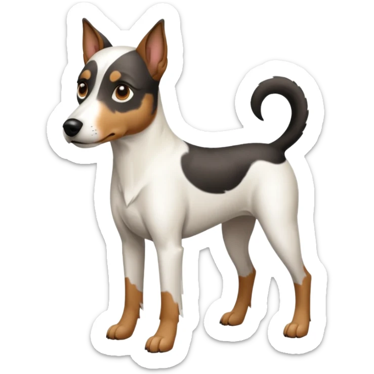 a full body large white parson russell looking dog the size of a kelpie with light brown flapped down ears and a light brown patch on one eye and a large snout sticker