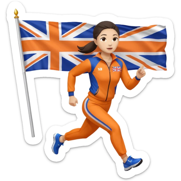 asian woman in orange sport suit and holding uk flag in one hand, running sticker