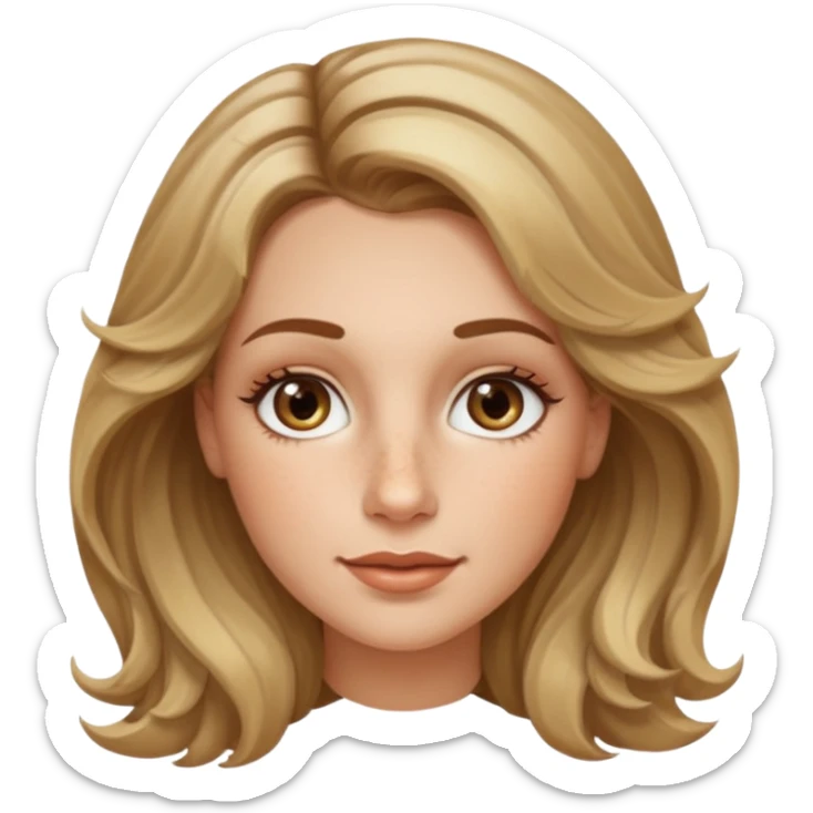 creative women with long dark Blond with highlights semi curly hair white women, oval shape face hazel eyes long lashes freckles on the nose high cheek bones sticker