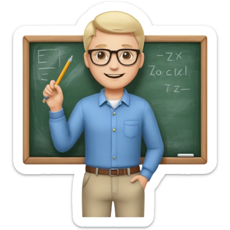 A cute and detailed emoji of a male teacher writing on a chalkboard. The teacher is smiling, wearing glasses, and dressed in a casual shirt and pants. He is holding a piece of chalk and writing something on the blackboard. sticker