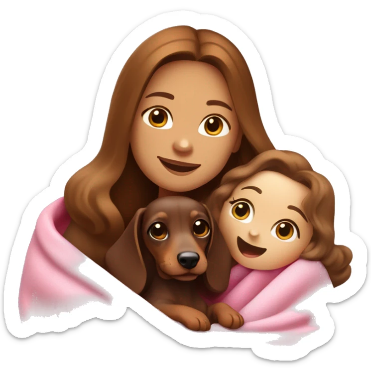 a white skinned woman with long brown hair is cradling her puppy in a pink baby blanket. the puppy is a brown dachshund dog. the woman is smiling with mouth ajar. you can see the woman cradling the puppy like a baby from her waist up.  sticker