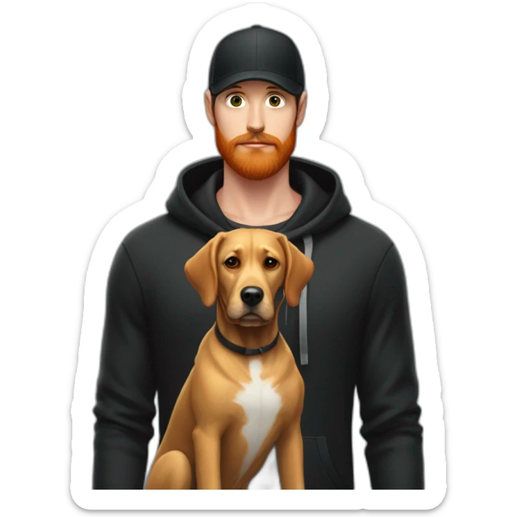 a handsome, slender man in a black cap and a hoodie with a hood worn over the cap, sporting a red beard, standing next to a black Labrador dog sticker