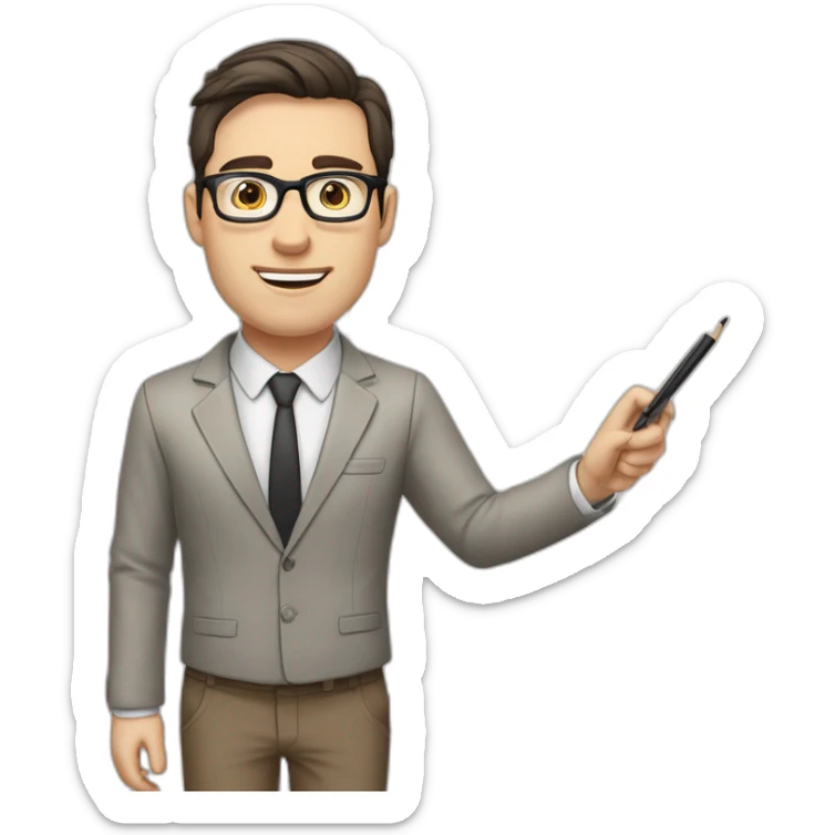 Pale skinned fit man with dark brown hair in gray jacket, beige office shirt, brown tie, brown pants and vintage glasses Writing text on a marker board sticker