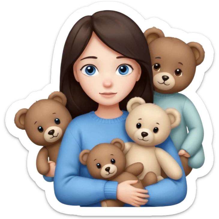 a girl with long dark brown hair, with blue eyes, in a
white sweater, hugs 3 different natural coloured sticker