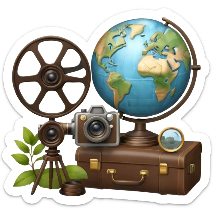 Icon for Documentary Film: A vintage movie poster style with a film reel, a camera, and a globe symbolizing exploration and knowledge. Include elements like a notebook, magnifying glass, and nature or historical visuals to evoke a sense of discovery. Transparent background. sticker