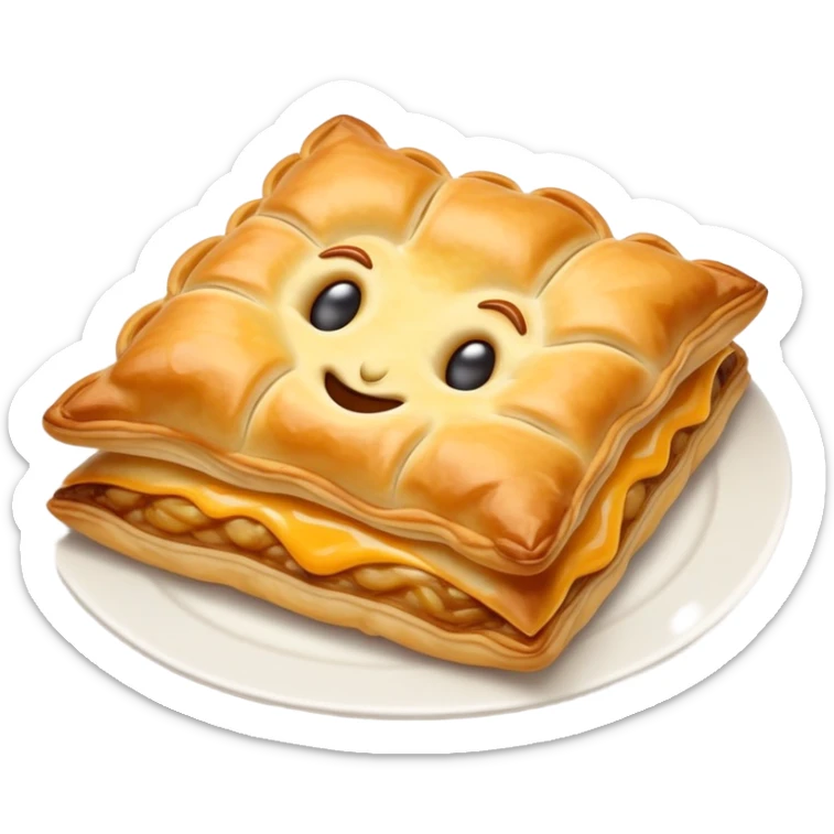 cinematic-realistic-flat burek-sa-sirom-dish-emoji,-showcasing-a-flaky-pastry-filled-with-cheese-rendered-with-crisp-textures-and-appetizing,-warm-lighting.  sticker
