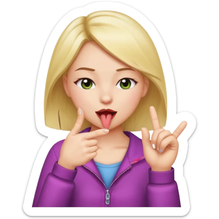 Girl tapping her thumb and index finger with her eyes clothes and tongue out  sticker