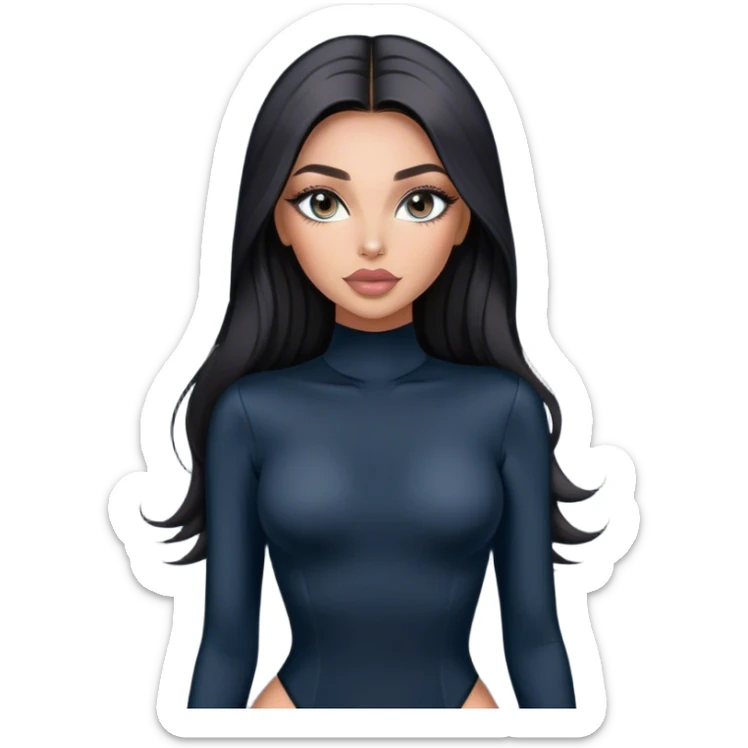Glamours, tanned, very beautiful girl, with big pump peach-beige-rose lips, long long lashes, black straight smooth silky long hair, straight parting hair, blue-grey eyes in black long-sleeves bodysuit sticker
