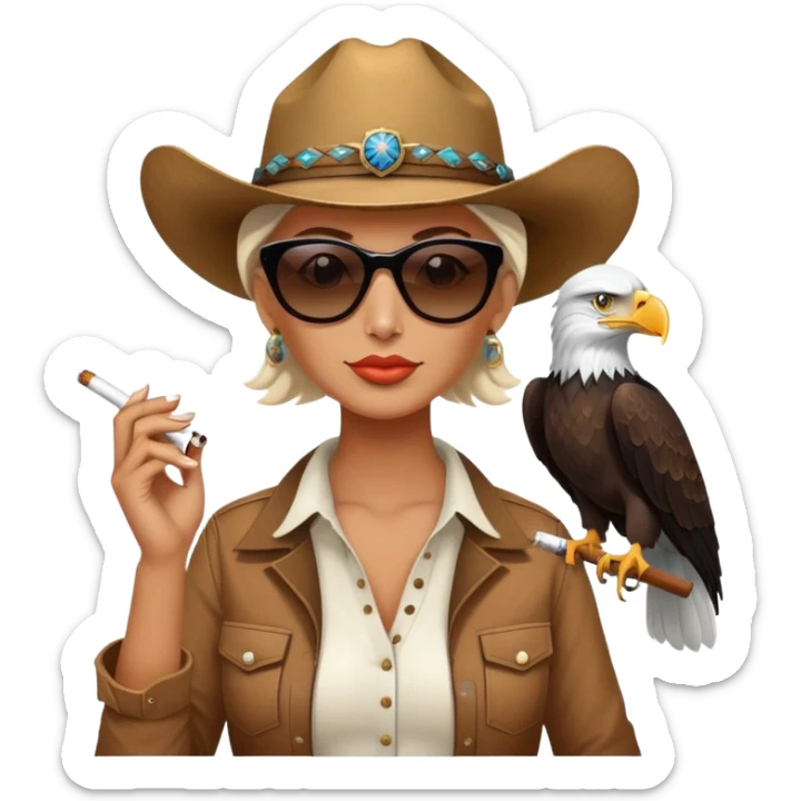 Country woman in cowboy hat with sunglasses with bald eagle on her arm and a cigarette in her mouth  sticker