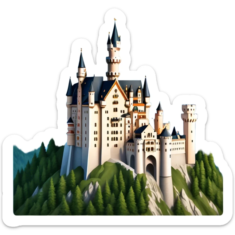 Cinematic Realistic Neuschwanstein Castle Landmark Emoji, depicted as the fairy‚Äêtale castle set against a mountainous backdrop rendered with dramatic lighting and intricate textures. sticker