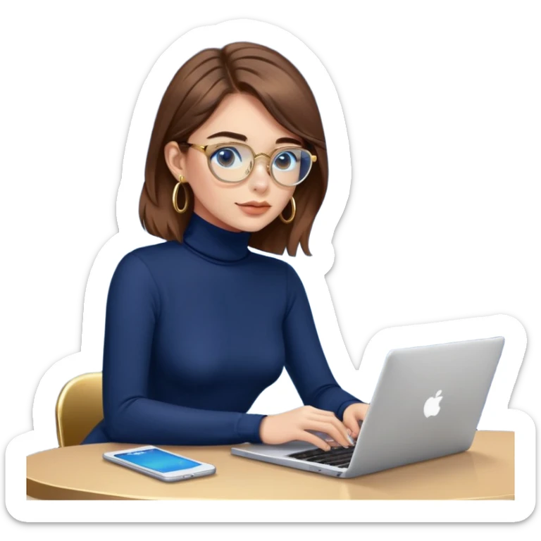 Girl with brown hair, navy blue turtleneck, gold hoop earrings, blue light glasses, working on laptop sticker