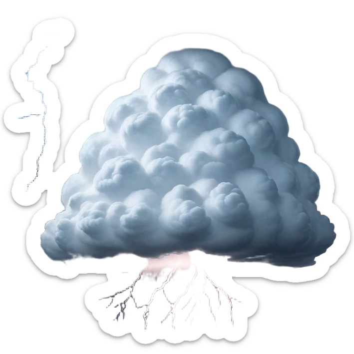 Cinematic Realistic Cumulonimbus Emoji, Towering and imposing, with dark, dramatic clouds reaching up into the sky in a billowing formation. Lightning flickers within, and the atmosphere is charged with energy, signaling a powerful storm ahead. Soft glowing outline, capturing the essence of raw power, intensity, and nature’s fury in a mighty cumulonimbus cloud! sticker