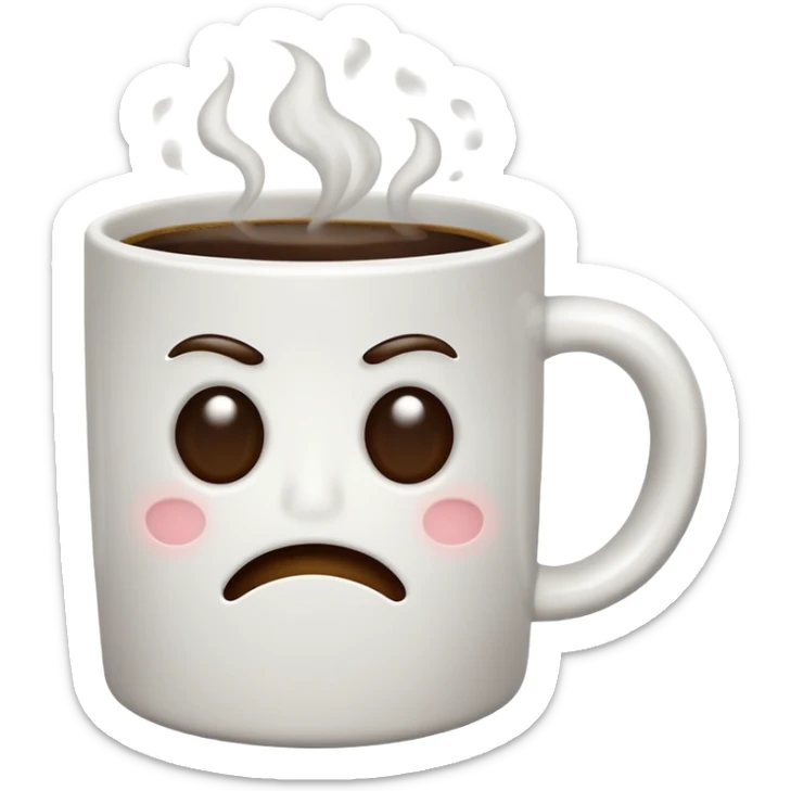 a cup of coffee in a white mug with a frown face, steam looks unpleasant sticker