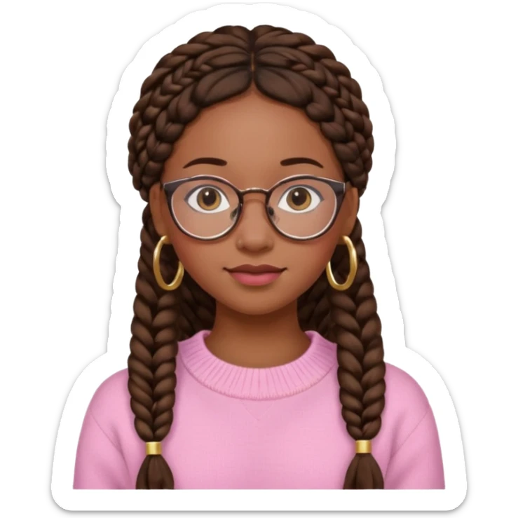 cute  black adult girl with glasses and braids that are long which are brown, and some blush on her cheeks , in a pink sweater and some gold hoop earings . sticker