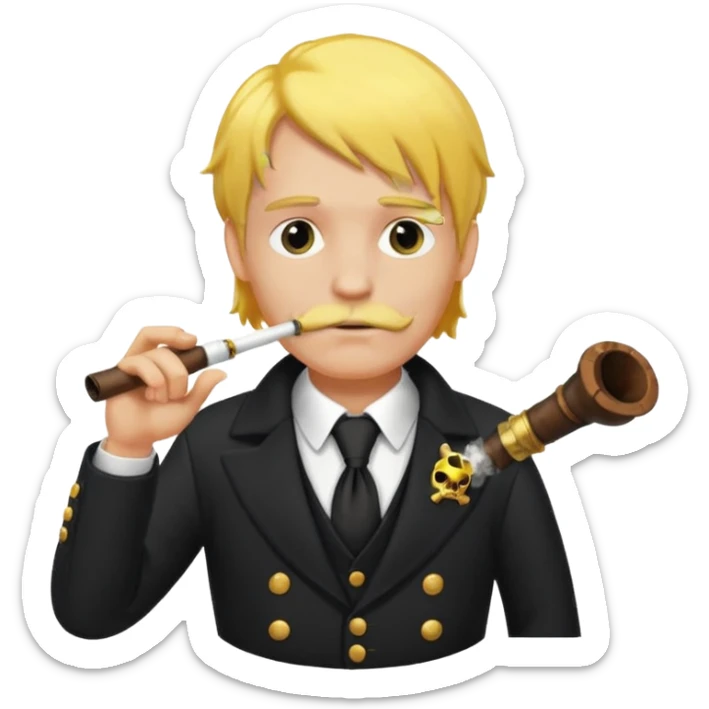 A man with yellow hair, in a black business suit, smoking a pirate pipe sticker