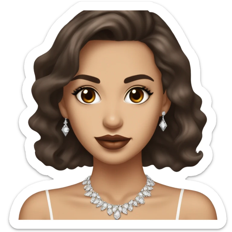 Girl with brown eyes and a fair skin tone long eyelashes and long dark brown hair in a side parting in a wavy/blowout effect style wearing white scoop neck top and wearing a diamond necklace in the shape of an M and plump glossy lips sticker