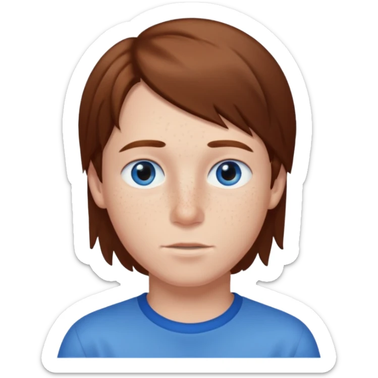 Boy standing with brown straight hair blue eyes and freckles sticker