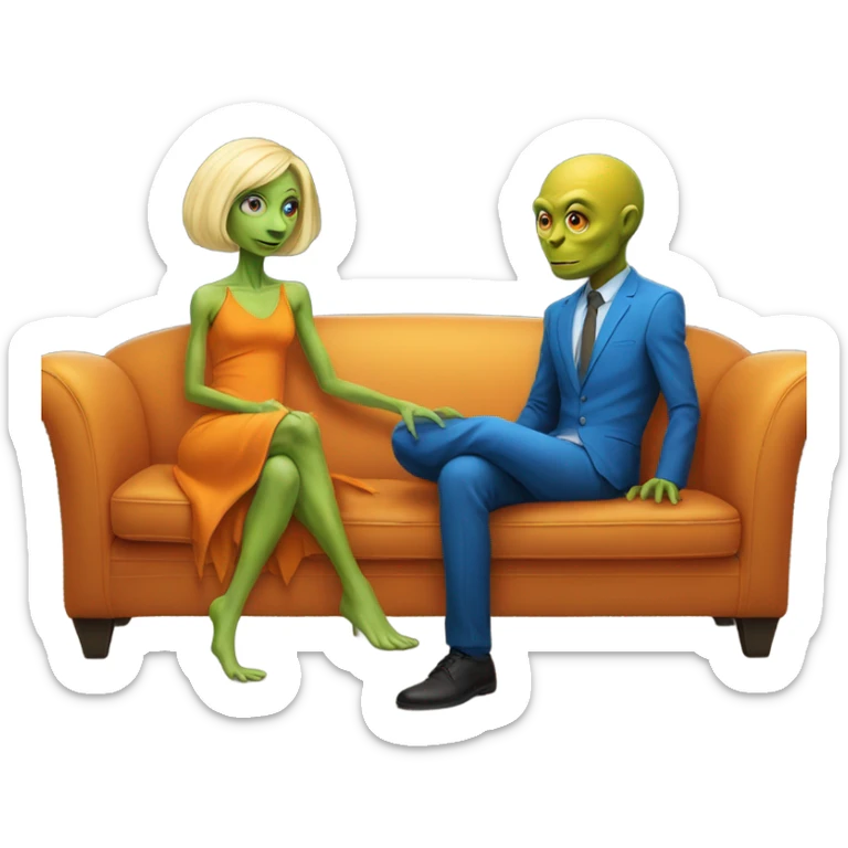 blonde alien reptilian woman in orange dress and humman man in blue, sitting on a couch  sticker