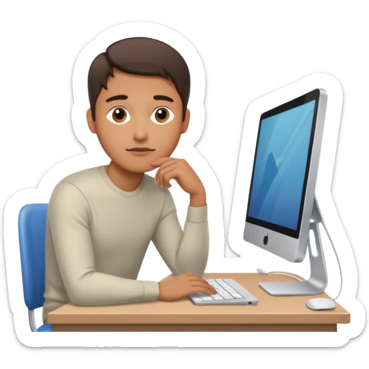 emoji of a man sitting at the table with an imac on it, a man sits in a very thoughtful pose sticker