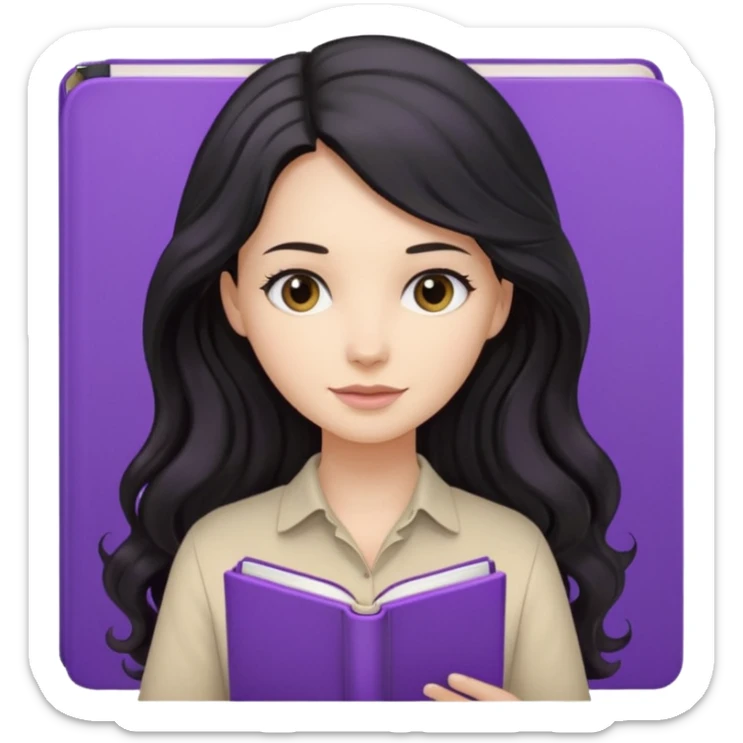 Long Hair Women with purple Book, Black wavy hair, beige shirt sticker