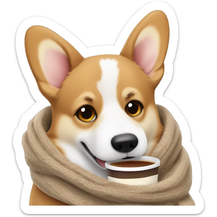 “Cozy Welsh corgi holding a coffee cup, with sleepy eyes and a warm scarf, looking perfect for a morning mood emoji sticker