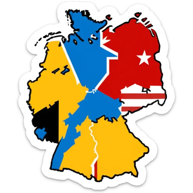 Germania divisa con mandiera in US sud-ovest, UK nord-ovest (Amburgo, Colonia), URSS est (Berlino Est, Dresda), France sud-ovest (Stoccarda, Friburgo) sticker