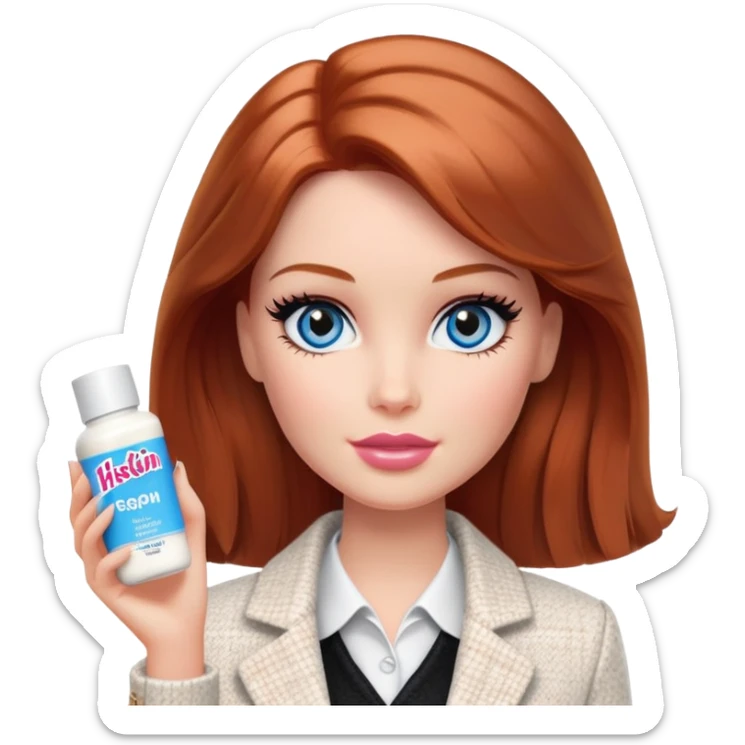 A Barbie girl with blue eyes, shoulder-length reddish-brown hair with makeup, wearing a white tweed jacket and a black skirt stands with hiskin brand cream sticker