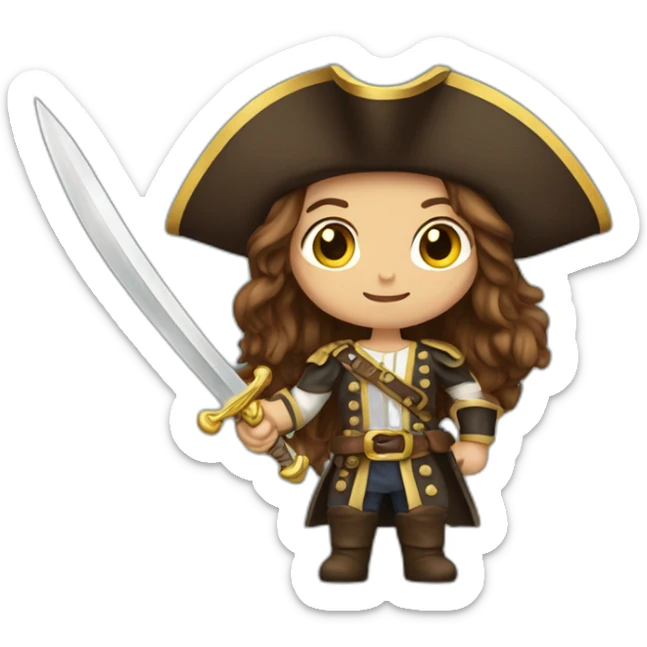 pirate king long brown hair golden eyes tan skin holding a sword woman sticker