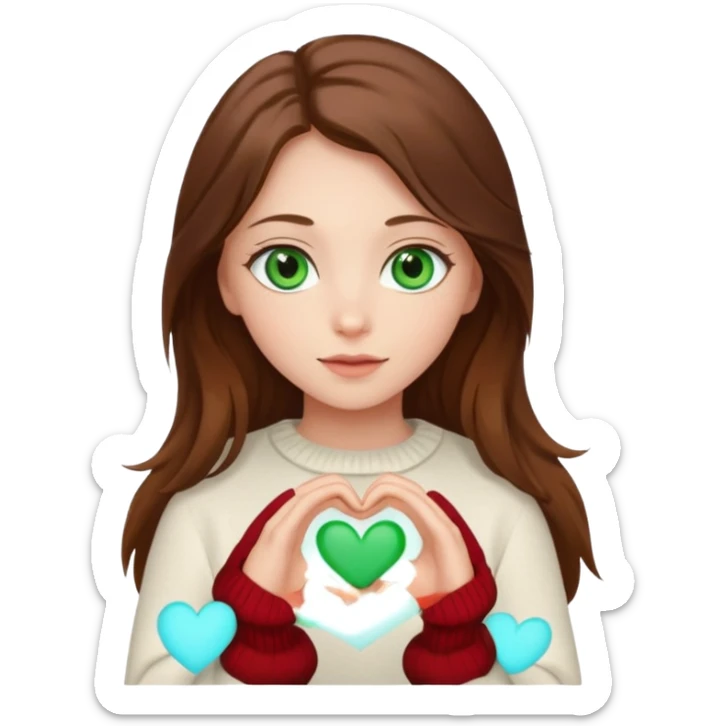 Girl green eyes brown long hair white warm sweater doing hands heart sticker