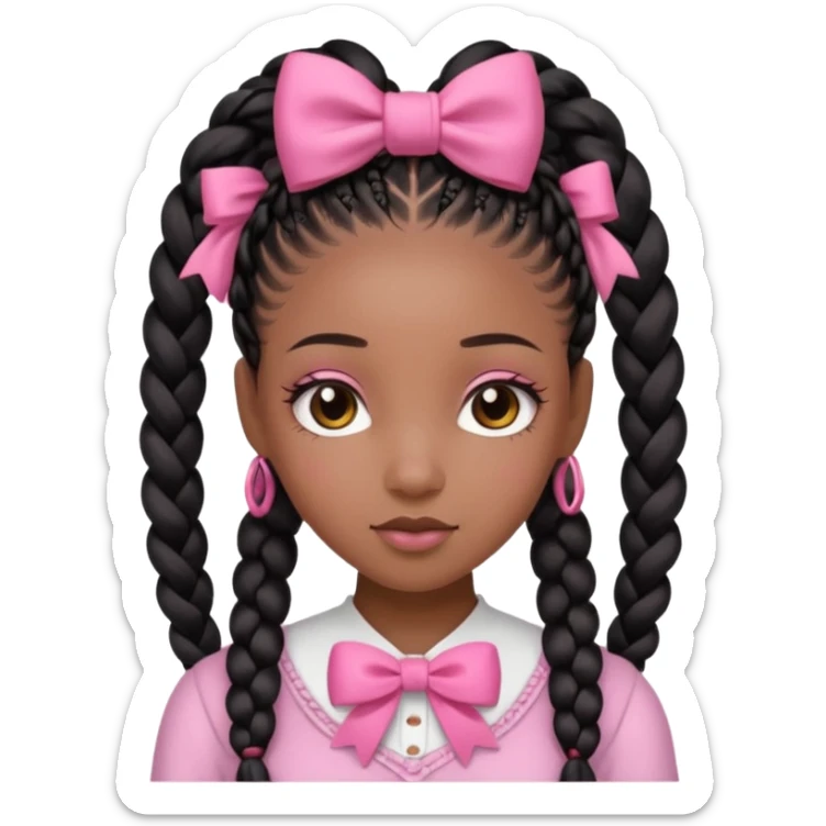 a cute black girl with long goddess braids and a cute pink bow on her head  sticker