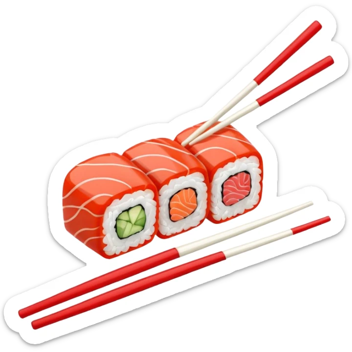 Japanese cuisine humanless avatar in minimalist emoji-style illustration. Sushi, roll and 2 chopsticks, clean lines, red white colors, flat design, calm and modern. sticker