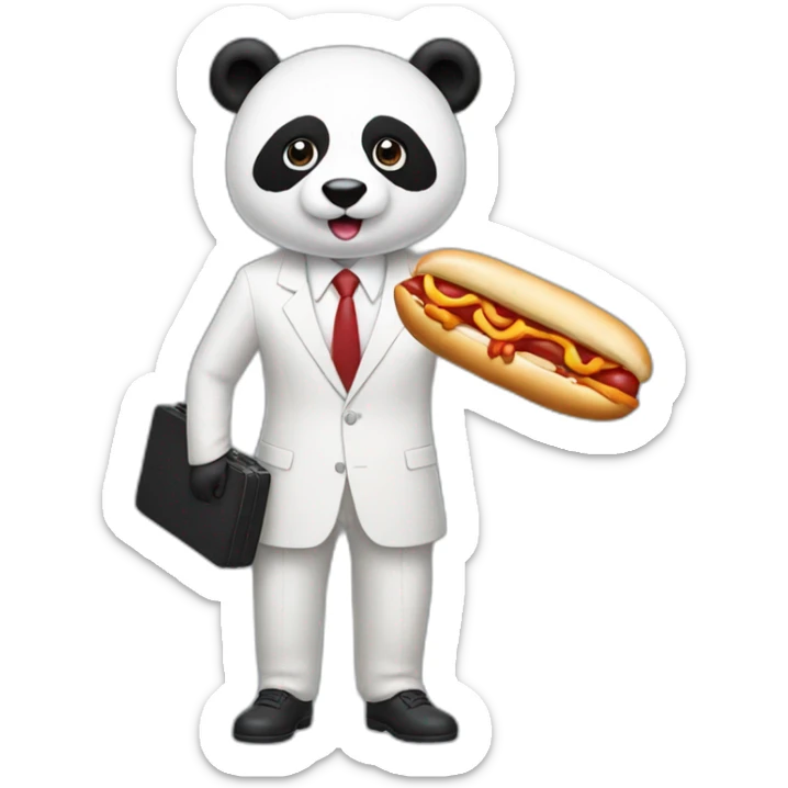 A professor with white suit and red tie and a panda face eating a hotdog and holding a black suitcase sticker
