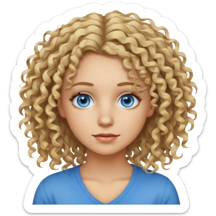 This is a 2D digital anime-style portrait of a female, caucasian, 29 years old light skin. The person has messy dirty blond curly hair, round blue eyes.  sticker