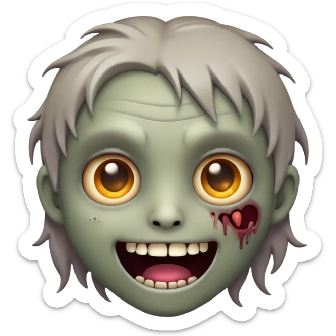Cinematic Cute Zombie Portrait Emoji, with a delightfully quirky, slightly disheveled face in muted ashen hues, featuring quirky bright eyes and a playful, stitched-together smile, simplified yet irresistibly charming, highly detailed with a soft glowing outline that captures the adorable, offbeat spirit of a zombie who’s more cute than creepy! sticker